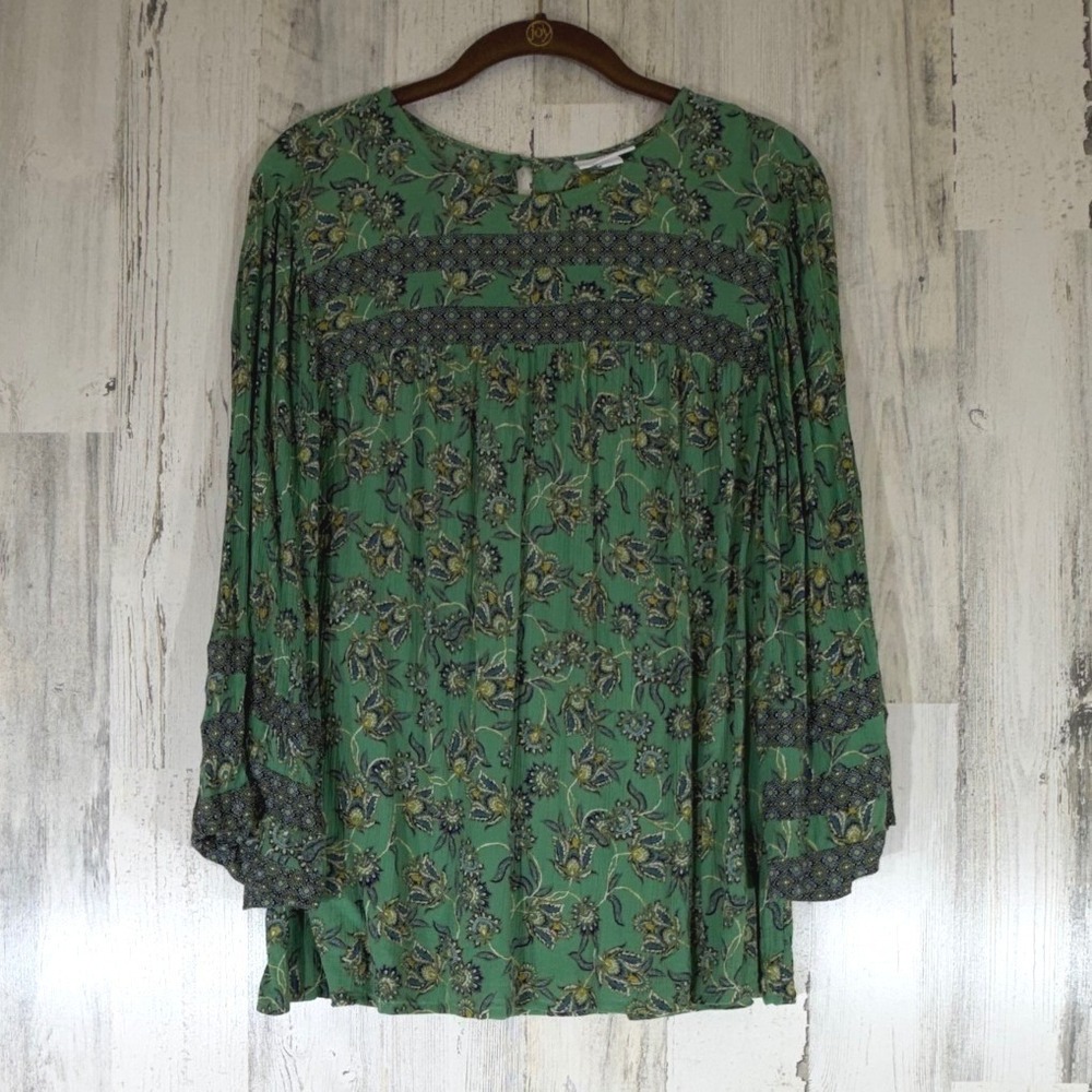 J Jill Peasant Blouse Size M Green Floral Paisley Rayon 3/4 Bell Sleeve Boho